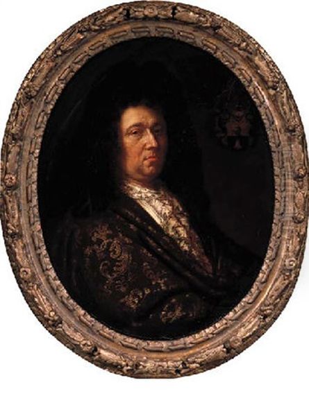 Portrait Of A Nobleman Wearing A Gold-embroidered Brown Cloak, Lace Chemise And Wig Oil Painting by Hyacinthe Rigaud