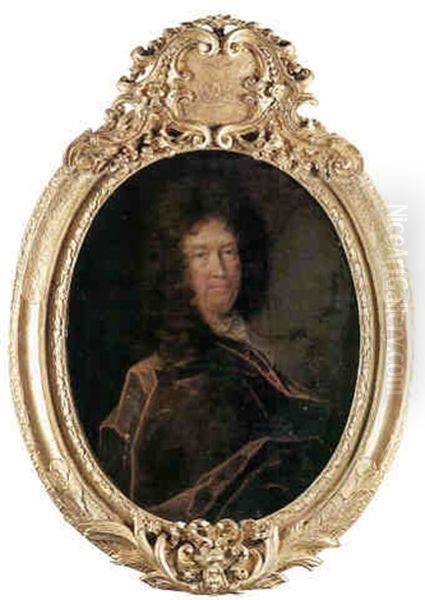 Portrait D'homme A La Lavalliere Brodee Et A La Draperie Rouge Oil Painting by Hyacinthe Rigaud