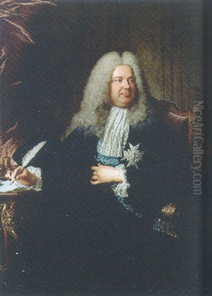 Portrait Of Charles-gaspard Dodun, Marquis D'herbault, Seated In A Balck Costume And A White Cravat, Writing At A Desk Oil Painting by Hyacinthe Rigaud