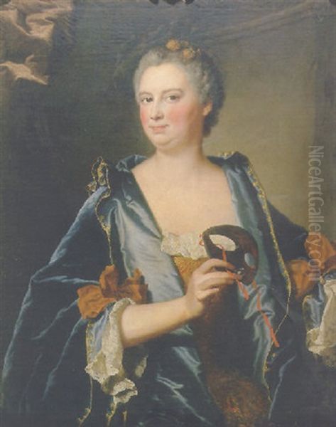 Portrait Of Madame Grimond De La Reyniere, Nee Marie-madeleine Mazade In A Blue Velvet Cloak Holding A Costume Mask Oil Painting by Hyacinthe Rigaud