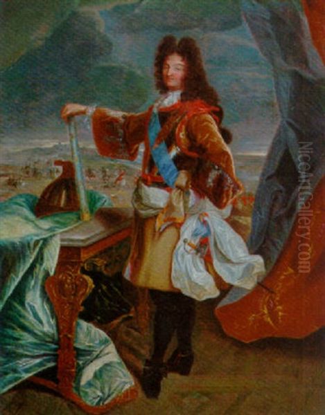 Portrait Of Louis Xiv In A Brown Coat With A Breastplate And Blue Sash, Holding A Baton In His Right Hand, A Battle Field Beyond Oil Painting by Hyacinthe Rigaud