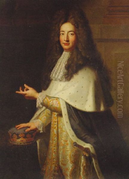 Portrait Of The Duc De La Force In A Gold Embroidered Coat With A Lace Jabot And A Ermine-lined Blue Mantle Oil Painting by Hyacinthe Rigaud