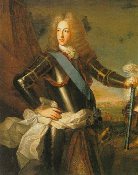 A Portrait Of A Nobleman, Holding A Marshall's Baton, Wearing Armour, Before A Besieged Town Oil Painting by Hyacinthe Rigaud