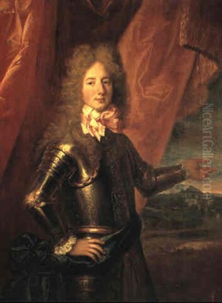 Portrait Of Charles Edward Prince Of Wales Pointing To A Town Oil Painting by Hyacinthe Rigaud