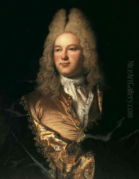 Portrait Of A Gentleman, Half Length, In A Pale Brown Satin Jacket With A Black Embroidered Wrap... Oil Painting by Hyacinthe Rigaud