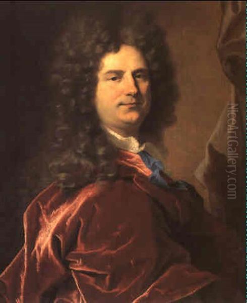 Portrait D'un Gentilhomme, En Buste, Portant Une Perruque,  Une Chemise Blanche Avec Un Ruban Bleu Et Un Manteau En Oil Painting by Hyacinthe Rigaud