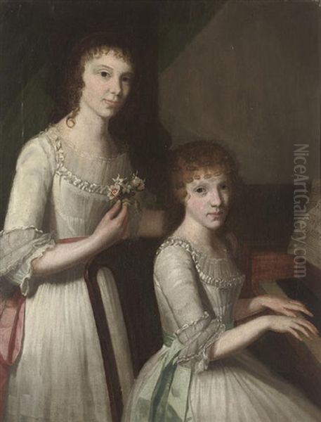 Double Portrait Of Sisters In White Dresses With Pink And Blue Sashes Oil Painting by John Francis Rigaud