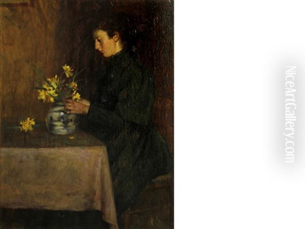 A Woman Arranging Flowers Oil Painting by Ernest Higgins Rigg