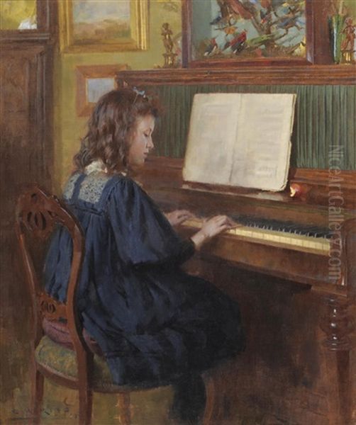 A Young Girl, Possibly The Artist's Daughter, Seated At A Piano Playing Music Oil Painting by Ernest Higgins Rigg