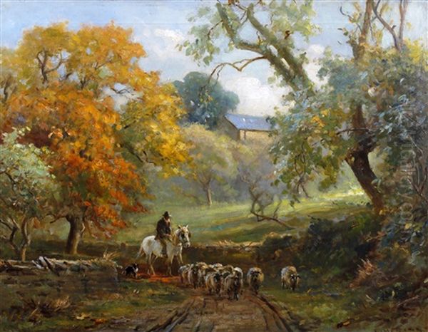 Drover And Sheep In A Lane Oil Painting by Ernest Higgins Rigg