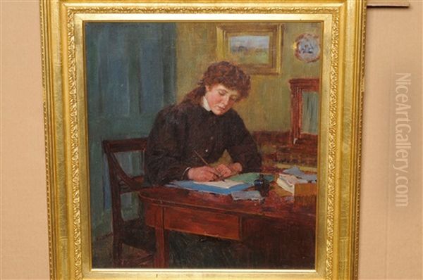 Girl Seated At A Desk, Writing Oil Painting by Ernest Higgins Rigg