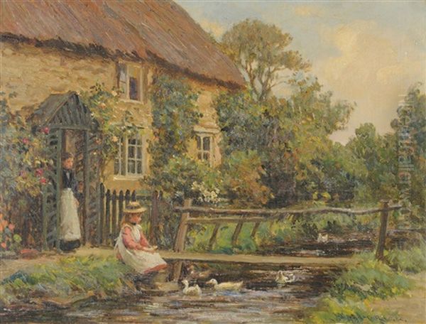 Girl Seated Beside A Stream Feeding Ducks Oil Painting by Ernest Higgins Rigg