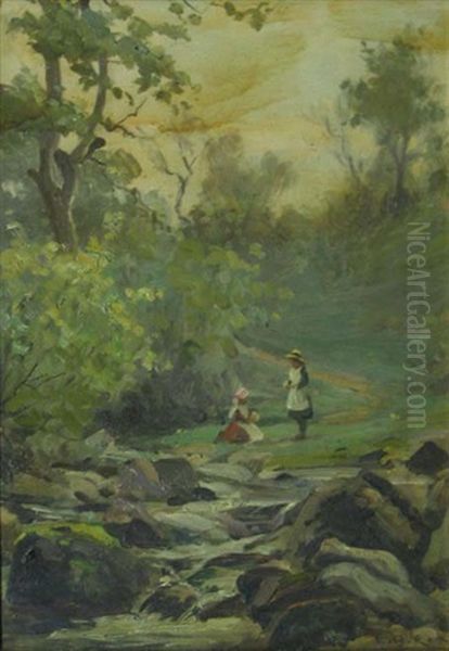 Children By A Brook, Swaledale Oil Painting by Ernest Higgins Rigg