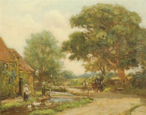 Feeding The Ducks Oil Painting by Ernest Higgins Rigg