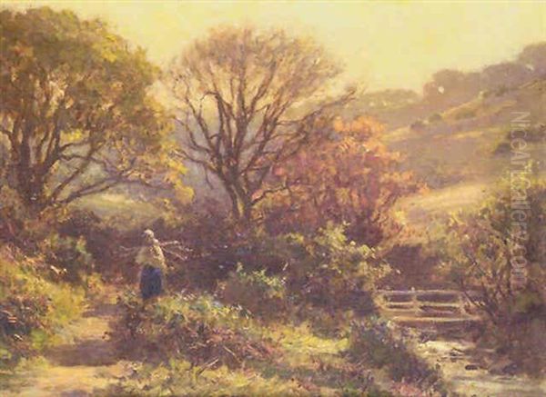 Girl Gathering Wood In A River Landscape Oil Painting by Ernest Higgins Rigg