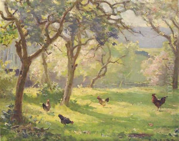 Chickens In A Wooded Glade Oil Painting by Ernest Higgins Rigg