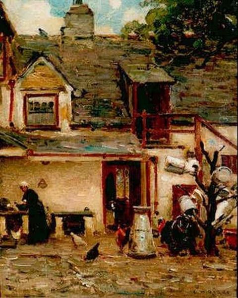 Govilon South Wales, Turkey Chasing A Rooster Round Milk Can Oil Painting by Ernest Higgins Rigg