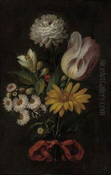 A Rose, A Lily And Other Blooms Tied With A Lilac Ribbon Oil Painting by Jean-Baptiste Borely