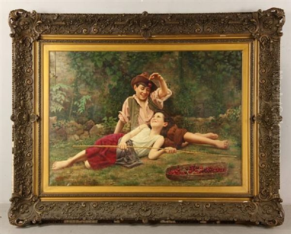 Italian School Painting Depicting Boy Feeding Young Girl Cherries Oil Painting by Vittorio Rignano