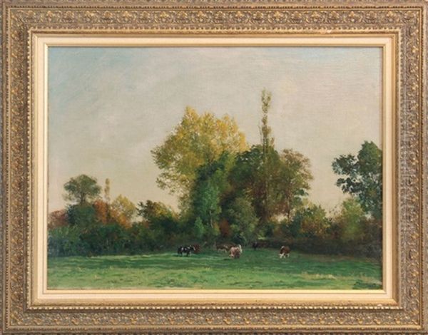 Troupeau De Vaches Dans La Prairie Huile Sur Toile by Albert Gabriel Rigolot