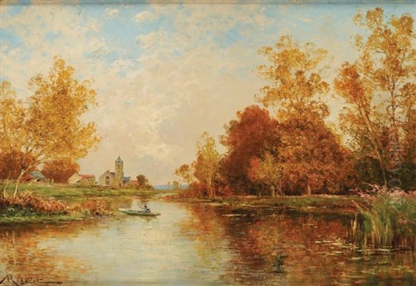 Pecheur En Automne, En Fond Une Eglise Oil Painting by Albert Gabriel Rigolot