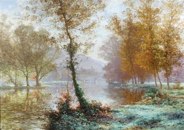 French Village With Bridge, Autumn Oil Painting by Albert Gabriel Rigolot