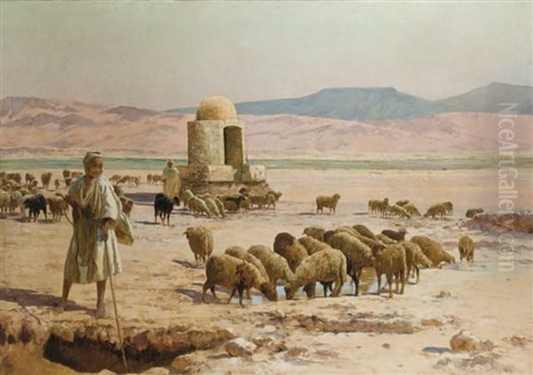 Moutons Dans L'oued Oil Painting by Albert Gabriel Rigolot