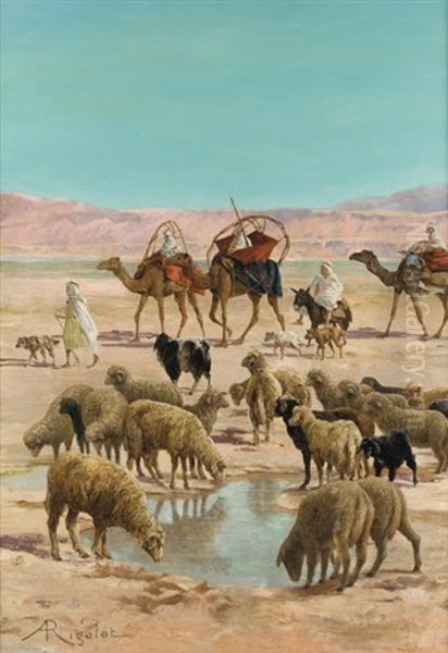 Moutons Dans L'oued Oil Painting by Albert Gabriel Rigolot