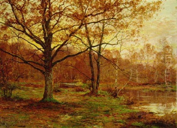 A Wooded River Landscape Oil Painting by Albert Gabriel Rigolot