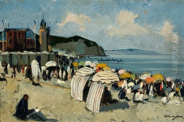 A Multitude Of Figures On The Beach Of Dieppe Oil Painting by Auguste Maillet Rigon