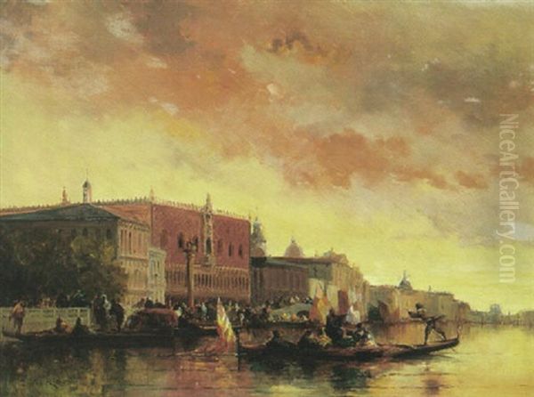 A View Of The Venetian Lagoon With Figures In Masquerade On Gondolas In The Foreground Oil Painting by Auguste Maillet Rigon