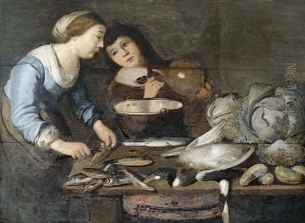 Kucheninterieur Mit Einem Gesindepaar Bei Der Verarbeitung Von Fischen, Auf Dem Arbeitstisch Kohlkopfe Und Eine Ente Oil Painting by Pieter Cornelisz van Rijck