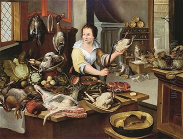 Ein Kuchenstuck Mit Der Kochin Und Zwei Kuchenmagden Oil Painting by Pieter Cornelisz van Rijck