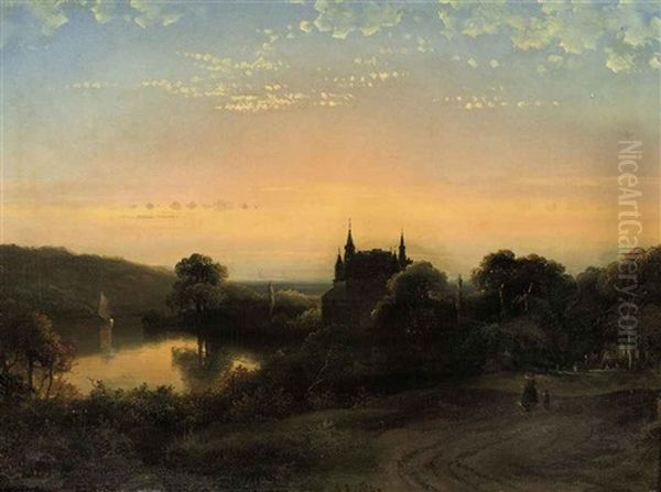 A Castle In A Wooded River Landscape At Sunset Oil Painting by Jacobus Augustinus De Rijk