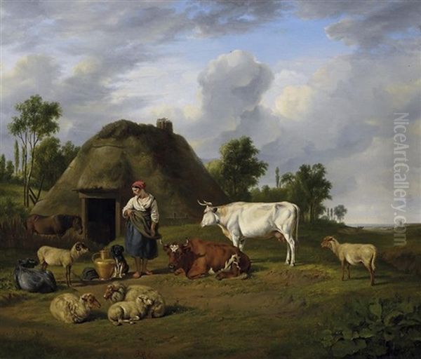 Landleben. Bauerin Mit Ihrem Vieh Auf Der Wiese Vor Dem Gehoft. Im Hintergrund Blick In Eine Weite Dunenlandschaft Oil Painting by James De Rijk