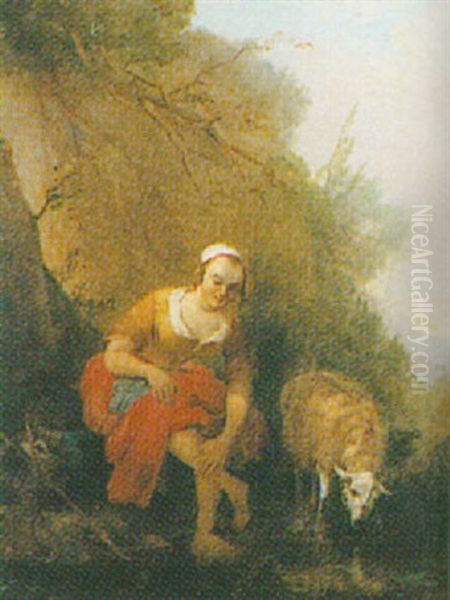 Shepherdess At A Stream Oil Painting by James De Rijk