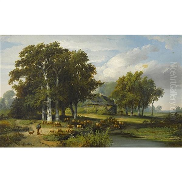 Weidende Schafe Am Weiher Oil Painting by Hermanus Jan Hendrik Rijkelijkhuysen