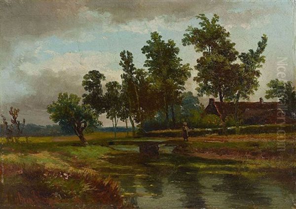 Bachlandschaft Mit Magd Am Steg Oil Painting by Hermanus Jan Hendrik Rijkelijkhuysen