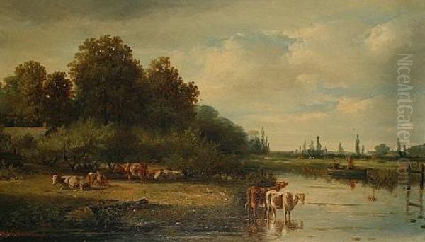 Cattle Watering (+ Another, Similar; Pair) Oil Painting by Hermanus Jan Hendrik Rijkelijkhuysen