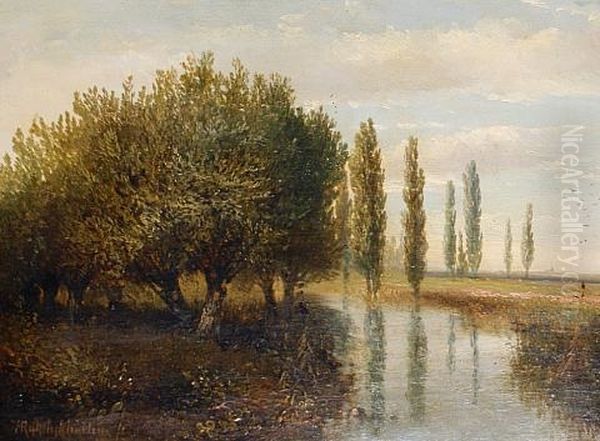 A River Landscape (+ A Cottage With A Windmill Beyond; Pair) Oil Painting by Hermanus Jan Hendrik Rijkelijkhuysen