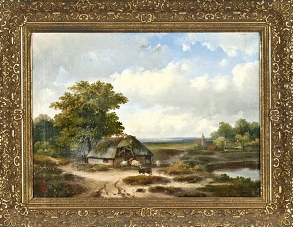 Spatromantische Landschaft, Hirte Mit Schafen Vor Dem Stall Oil Painting by Hermanus Jan Hendrik Rijkelijkhuysen