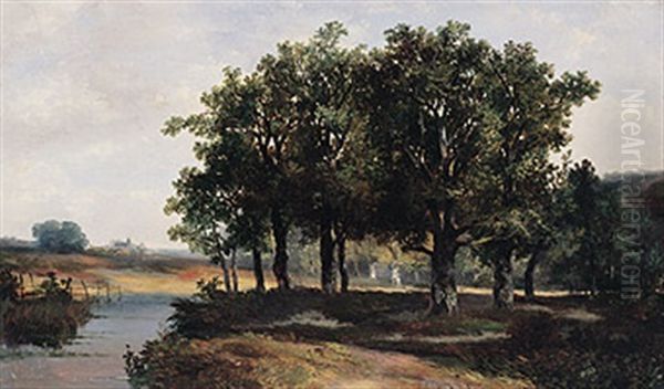 Besonnter Eichenhain An Kleinem Gewasser Mit Durchblick Auf Ferne Kirche Und Versteckte Reetgedeckte Anwesen Oil Painting by Hermanus Jan Hendrik Rijkelijkhuysen