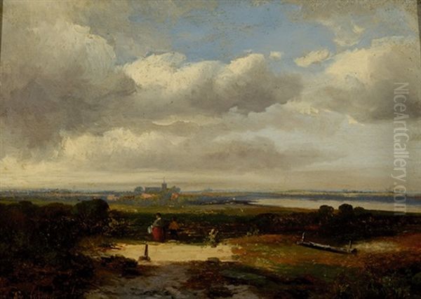 Figures In A Wide Landscape With In The Distance A City by Hermanus Jan Hendrik Rijkelijkhuysen