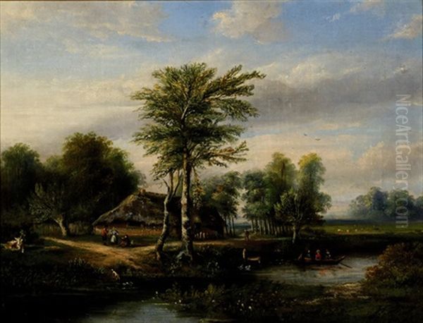 Figures Near A Farm In A Landscape Abound With Trees Oil Painting by Hermanus Jan Hendrik Rijkelijkhuysen