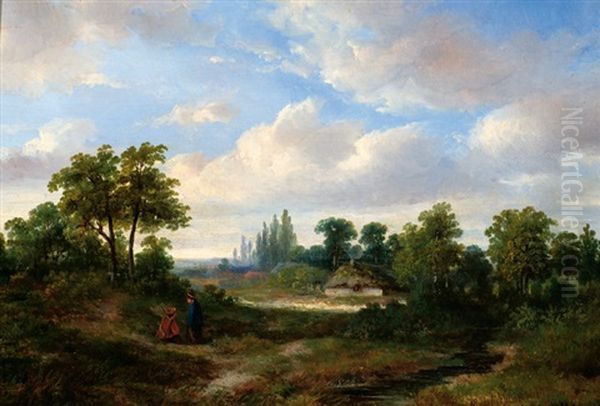 Two Pedestrians In A Landscape Oil Painting by Hermanus Jan Hendrik Rijkelijkhuysen