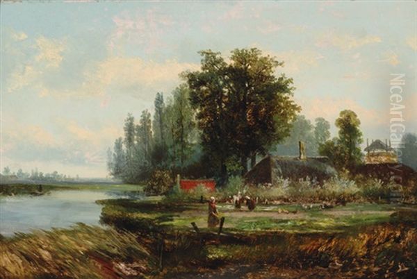 People By A Farmyard Oil Painting by Hermanus Jan Hendrik Rijkelijkhuysen