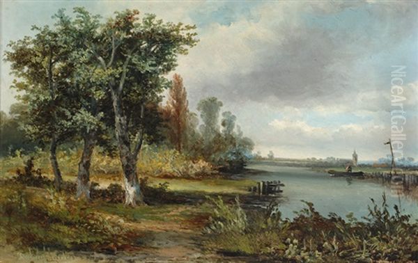 A River Landscape With Trees Oil Painting by Hermanus Jan Hendrik Rijkelijkhuysen