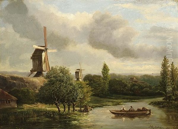 River Landscape With Figures In A Boat Oil Painting by Hermanus Jan Hendrik Rijkelijkhuysen