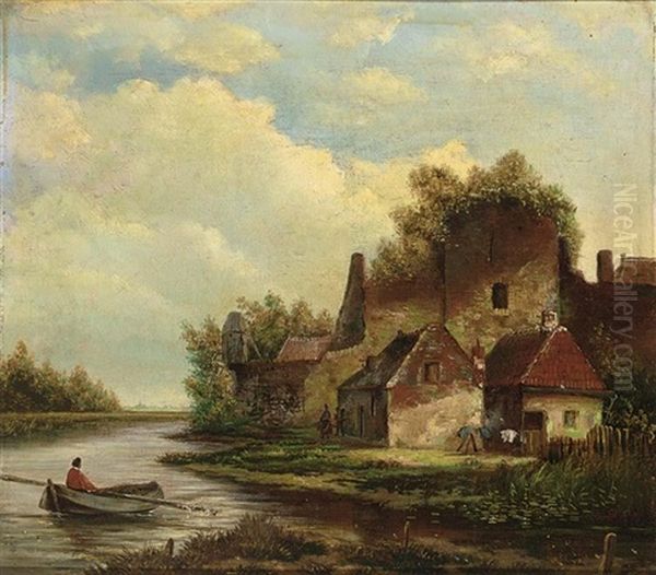 A River Landscape With A Fisherman In A Boat Oil Painting by Hermanus Jan Hendrik Rijkelijkhuysen