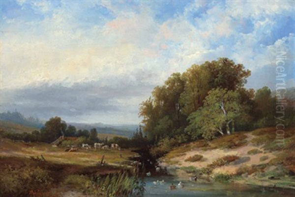 Weite Landschaft Mit Weidendem Vieh Und Enten Oil Painting by Hermanus Jan Hendrik Rijkelijkhuysen